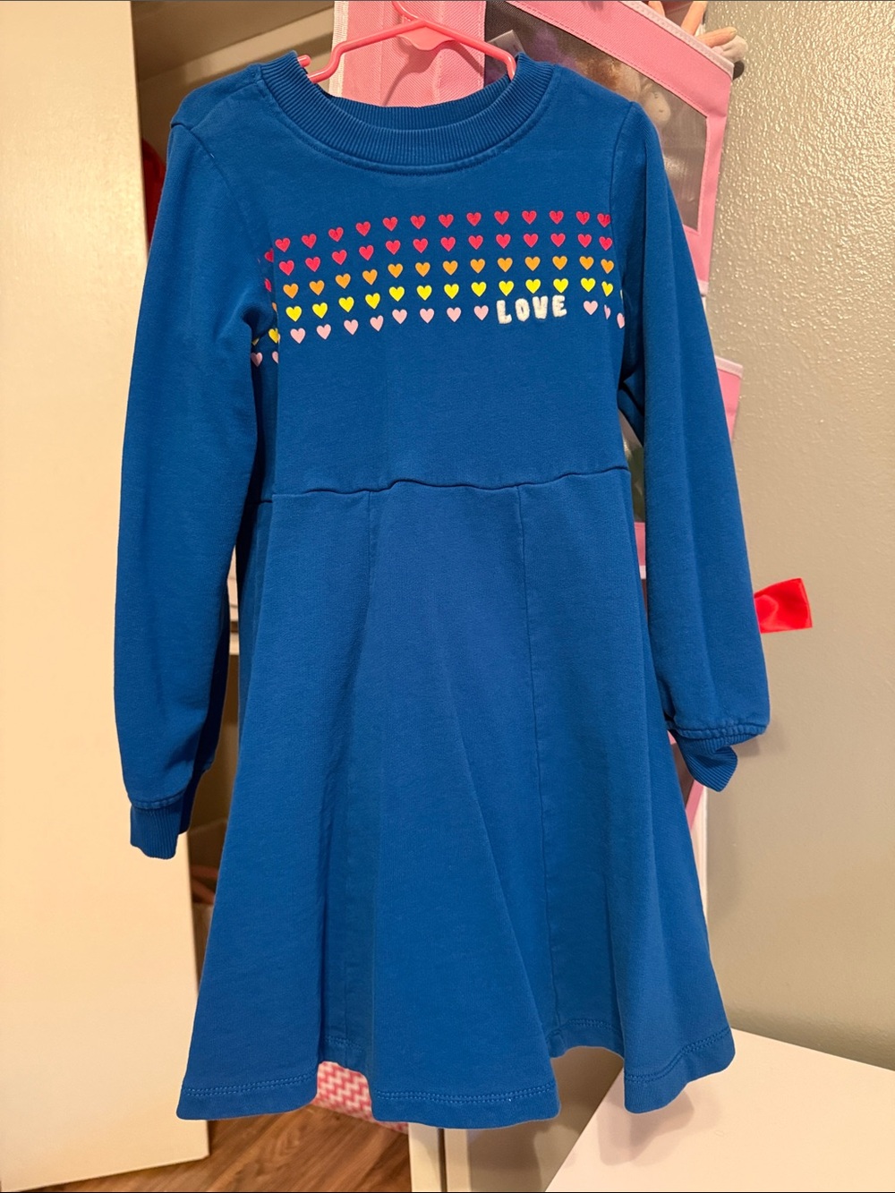 Hanna Andersson Blue Long-Sleeve Dress with Multicolor Heart Print Sweater Dress